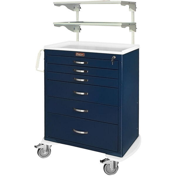 A blue Harloff medical cart with 6 drawers and shelves.