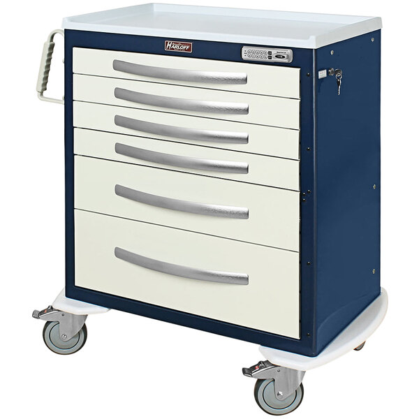 A blue and white Harloff anesthesia cart with wheels.