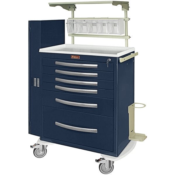 A blue medical cart with drawers and a white top.