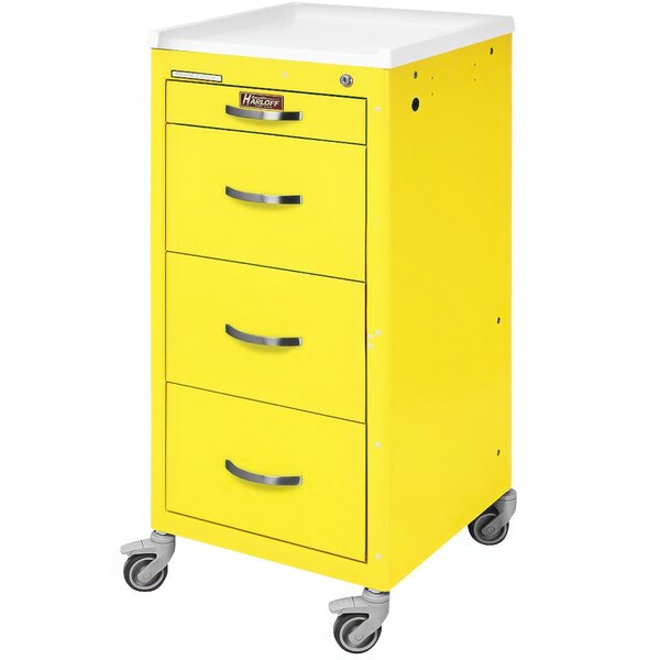 A yellow steel Harloff medical cart with four drawers on wheels.