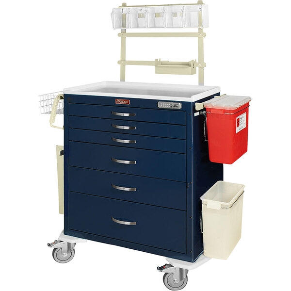 A blue Harloff anesthesia cart with 6 drawers and a white tray.