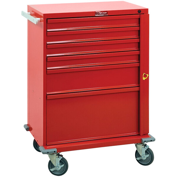 A red Harloff steel emergency cart with six drawers on wheels.