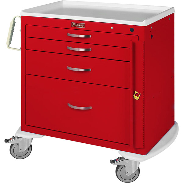 A red Harloff medical cart with drawers and wheels.