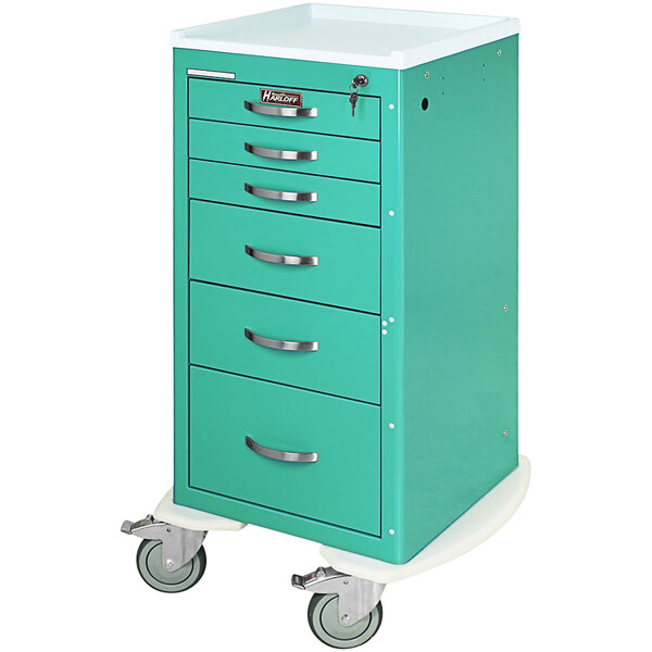 A green Harloff anesthesia cart with six drawers and a key lock.