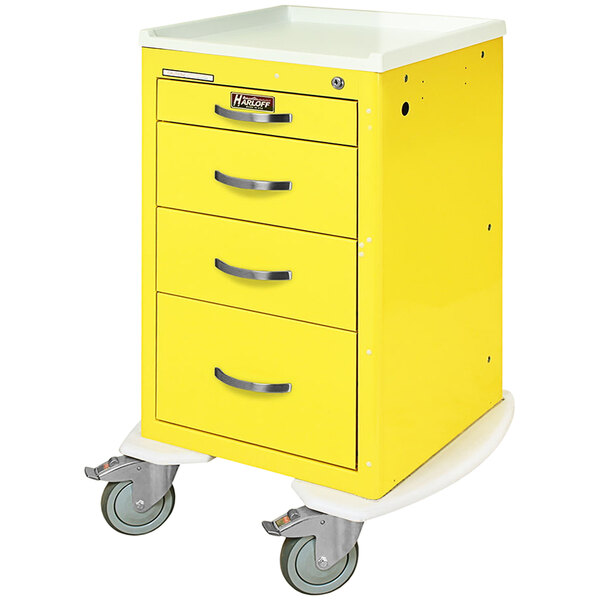 A yellow medical cart with four drawers and wheels.