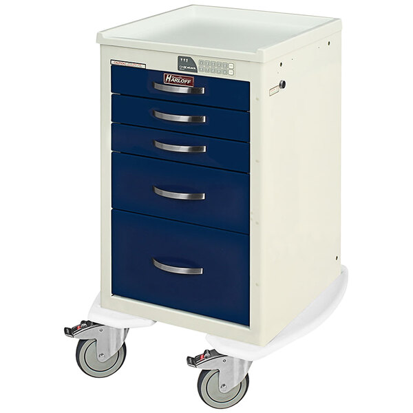 A blue and white Harloff medical cart with wheels and drawers.