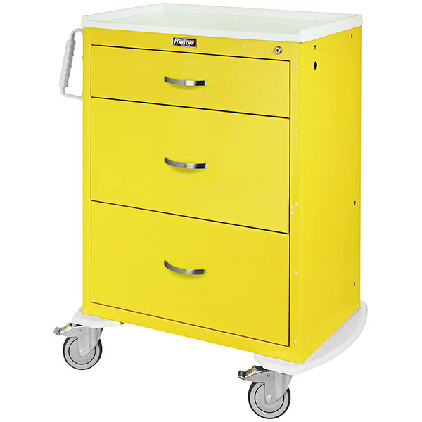 A yellow Harloff medical isolation cart with three drawers on wheels.