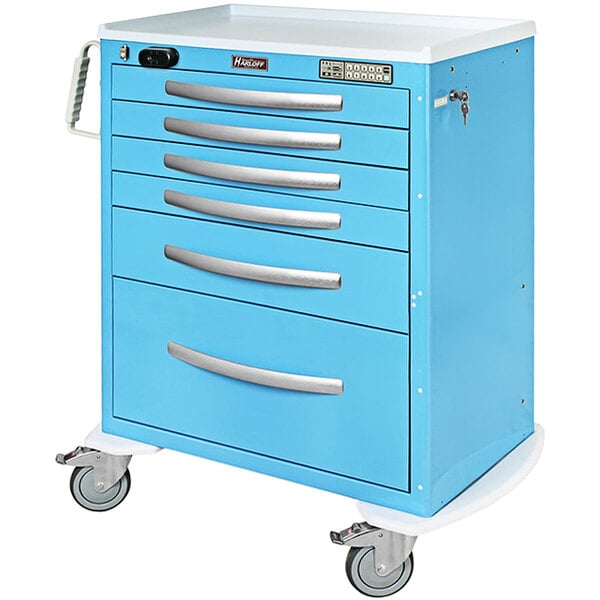 A blue and silver Harloff medical cart with drawers and wheels.