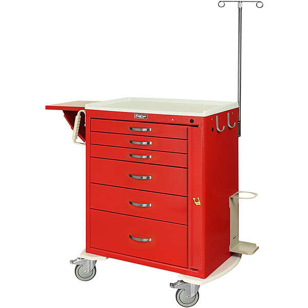 A red Harloff medical cart with white drawers and a white top.