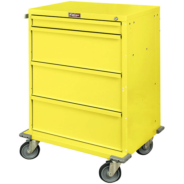 A yellow Harloff medical isolation cart with four drawers on wheels.