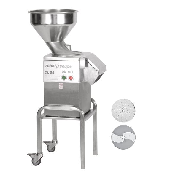 A Robot Coupe commercial food processor with a stainless steel bowl and discs.