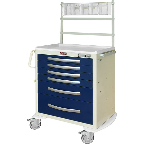 A blue and white medical cart with wheels and drawers.