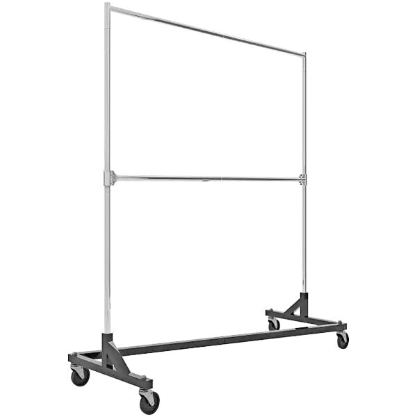 A black metal Econoco garment Z-Rack with wheels.