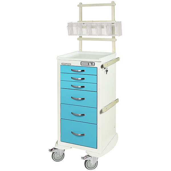 A Harloff medical cart with blue drawers and wheels.