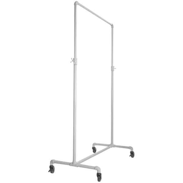 An Econoco white garment rack with wheels.