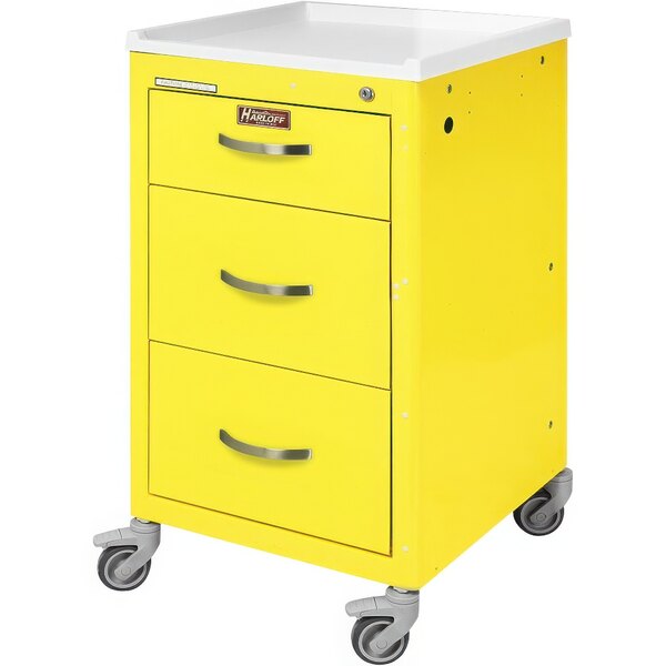 A yellow steel medical cart with three drawers and wheels.