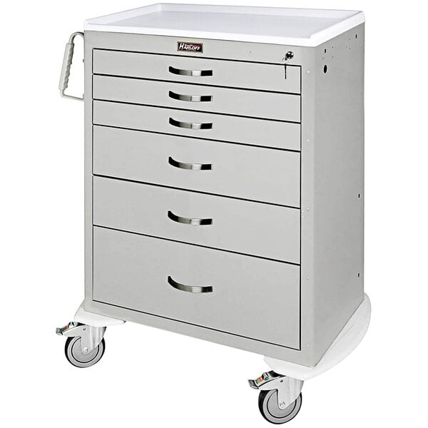 A gray Harloff anesthesia cart with 6 drawers.