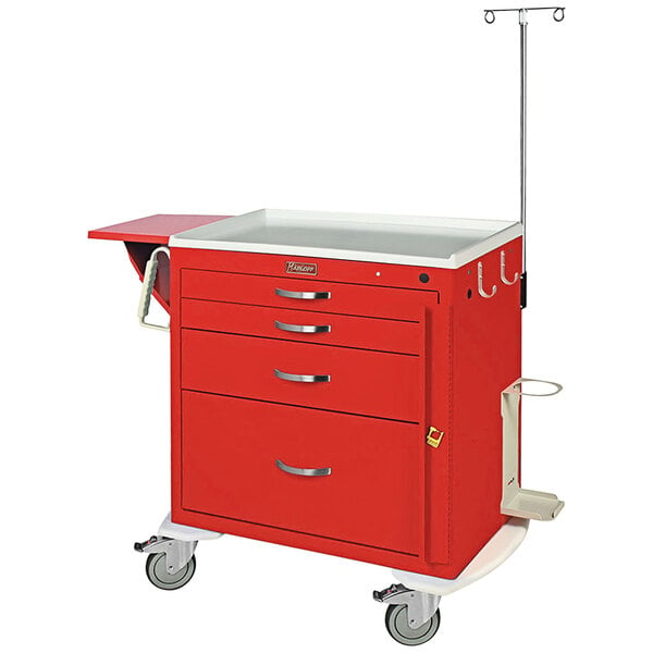 A red medical cart with drawers and a white top.