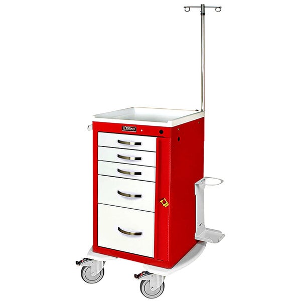 A red and white Harloff medical cart with drawers and wheels.