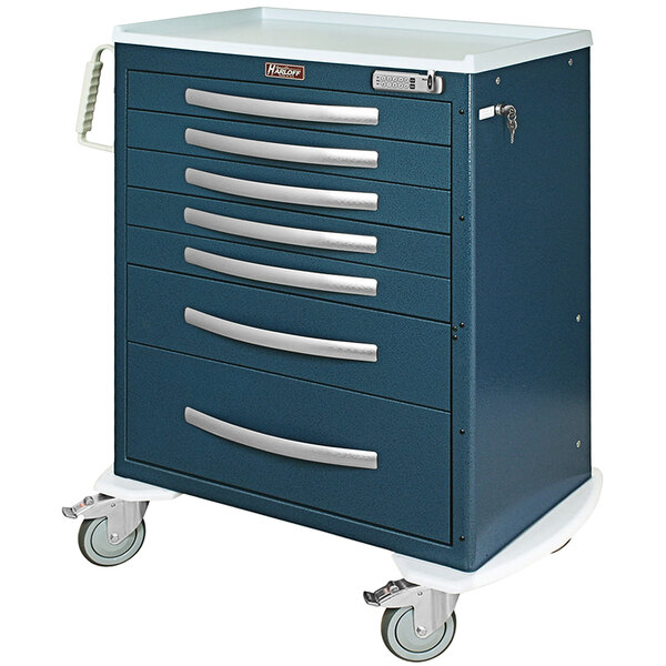 A blue and silver Harloff anesthesia cart with drawers on wheels.