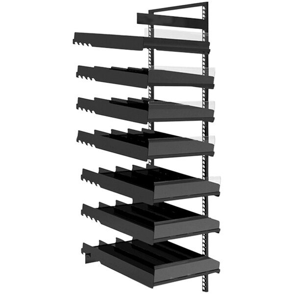 A black metal VersaRack beer shelving unit with clear plastic shelves.