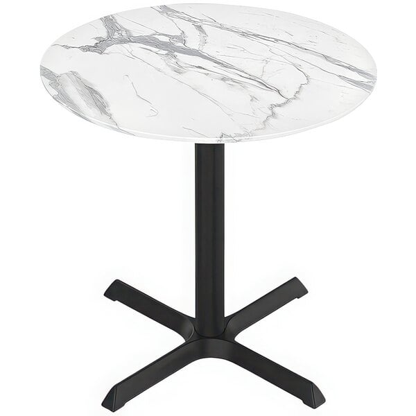 A white marble Holland Bar Stool EuroSlim table with a black cross base.