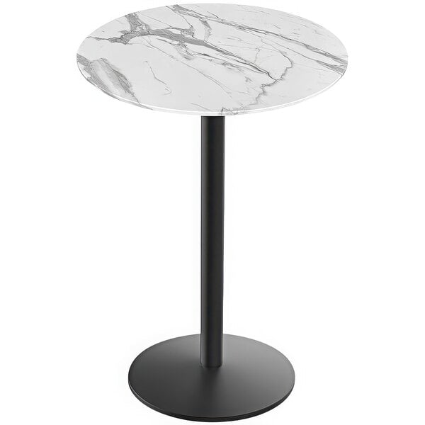 A round white marble table with a black round base.