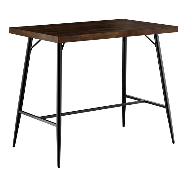A brown butcher block table top with black metal legs.