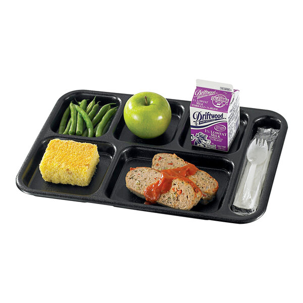 A black Cambro 6-compartment serving tray with food.