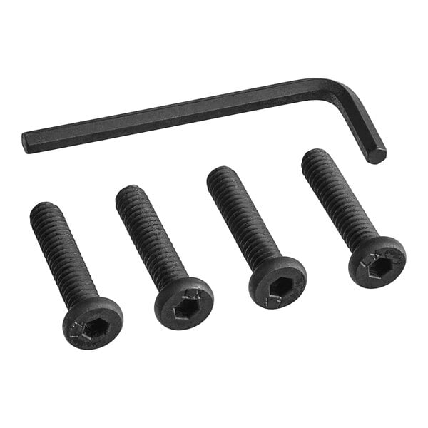 A group of black screws and nuts with a hex key.