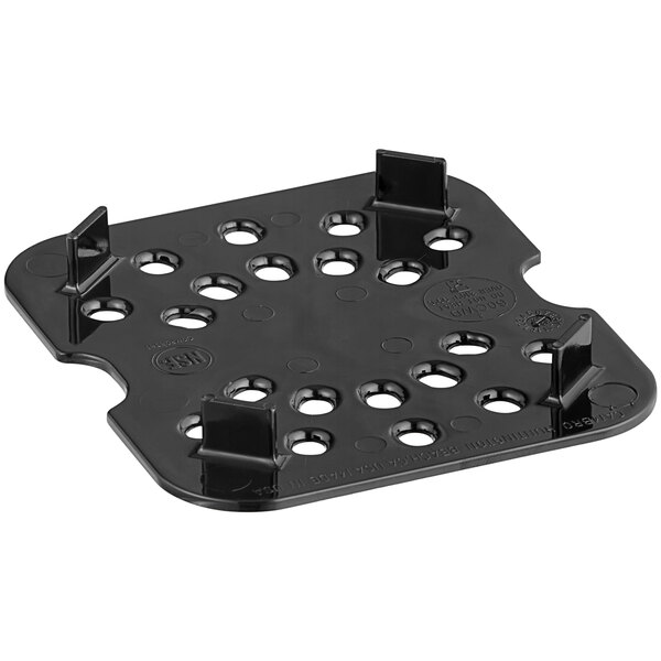 A black plastic tray with holes.