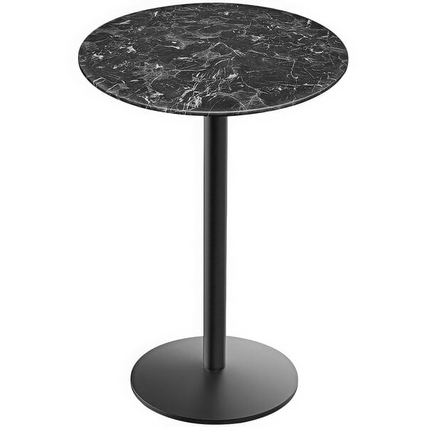 A black marble round table top on a black round base.