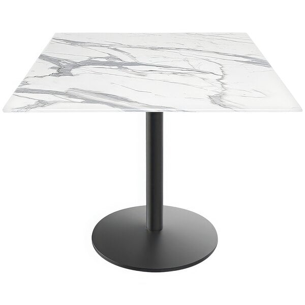 A white marble Holland Bar Stool table with a round black base.