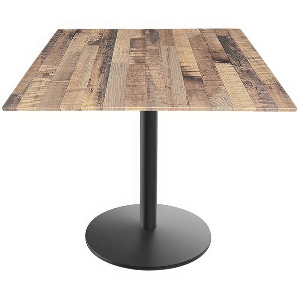 A Holland Bar Stool EuroSlim rustic wood table with a black base.