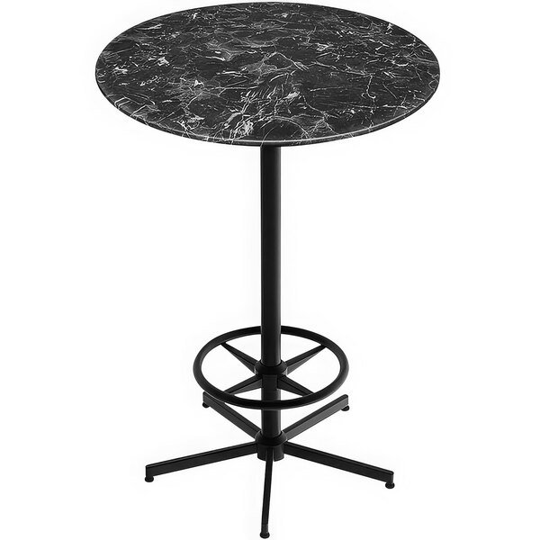 A Holland Bar Stool EuroSlim round black and white marble table top with a black metal base.