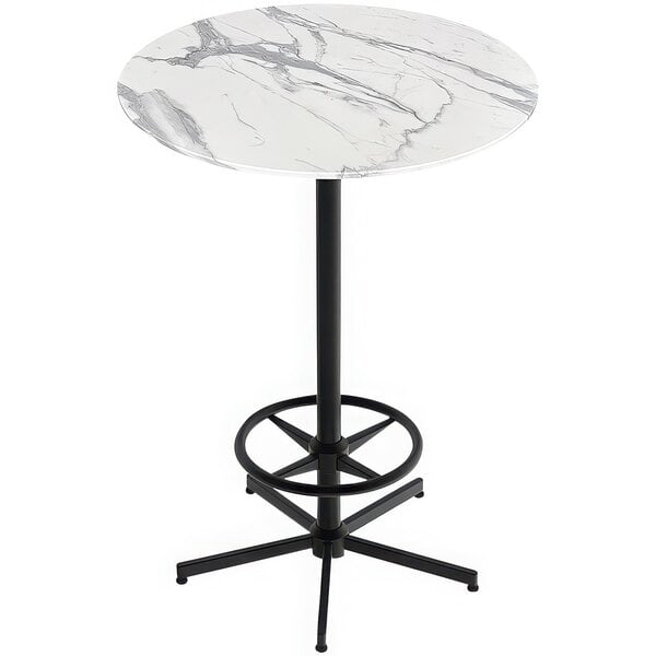 A round white marble bar table with a black base and foot rest.