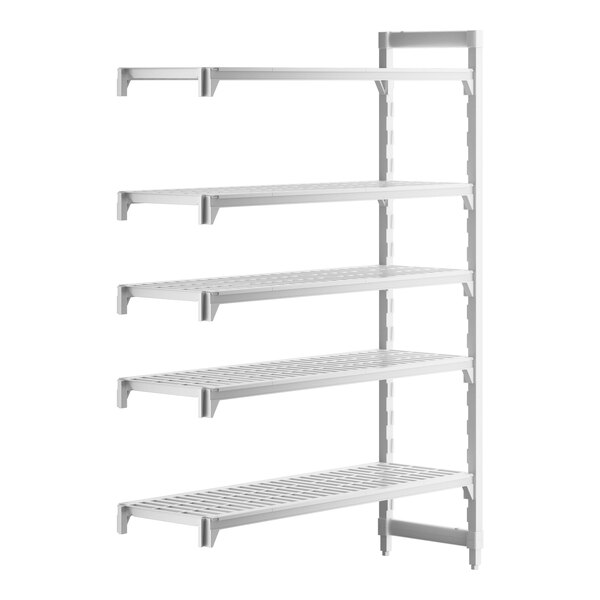 A white plastic Cambro Camshelving® Premium add on unit with 5 shelves.