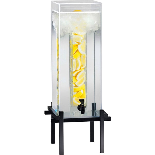 A Cal-Mil black beverage dispenser with an infusion core and lemon slices in the water.