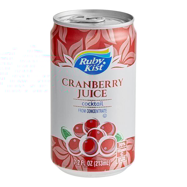 A close up of a Ruby Kist cranberry juice can with a red and white design.