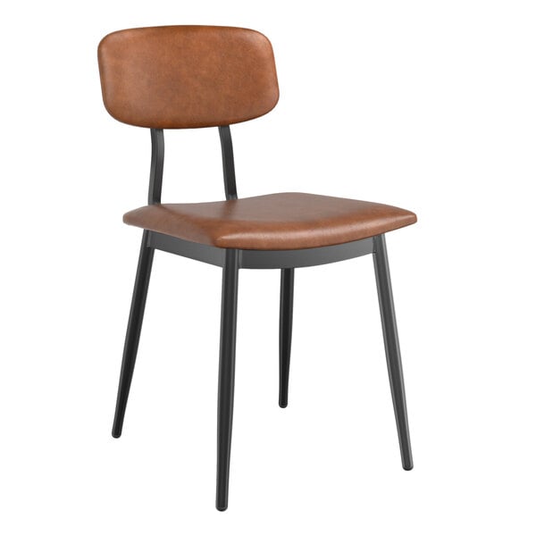 A brown Lancaster Table & Seating mid-century restaurant chair with black legs.