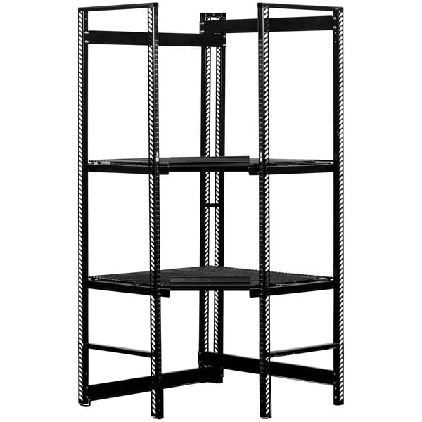 A black B-O-F Corporation VersaRack corner shelving unit with four shelves.