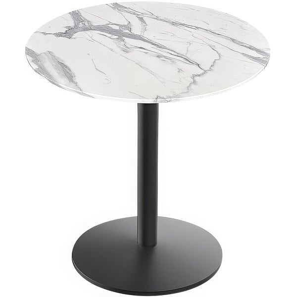 A white marble Holland Bar Stool table with round black base.