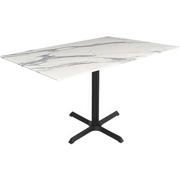 A white marble rectangular table with a black cross base.