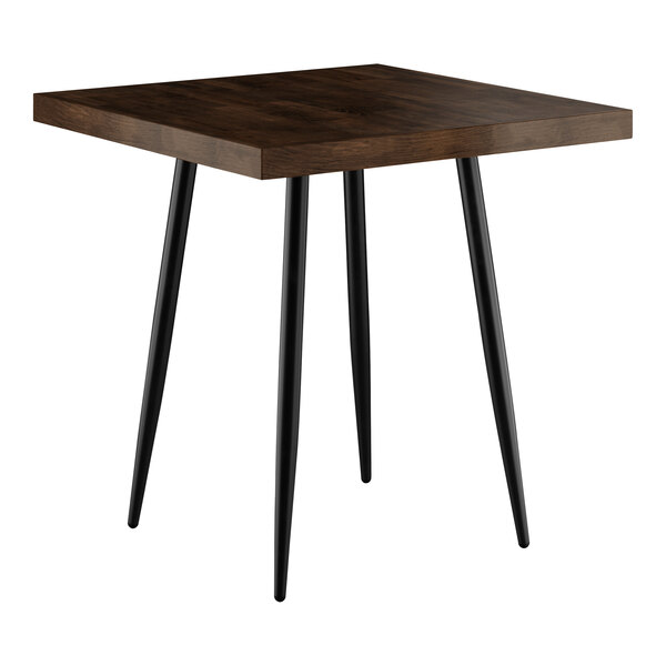 A Lancaster Table & Seating butcher block table with square espresso finish top and black legs.