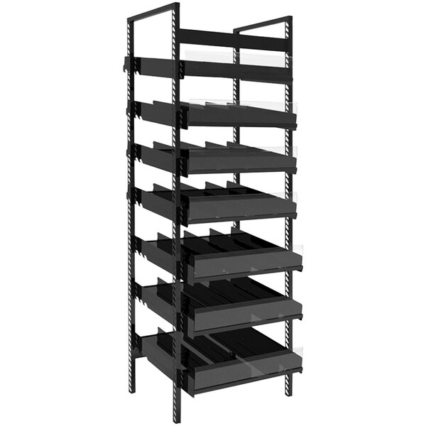 A black metal VersaRack beer shelving unit.