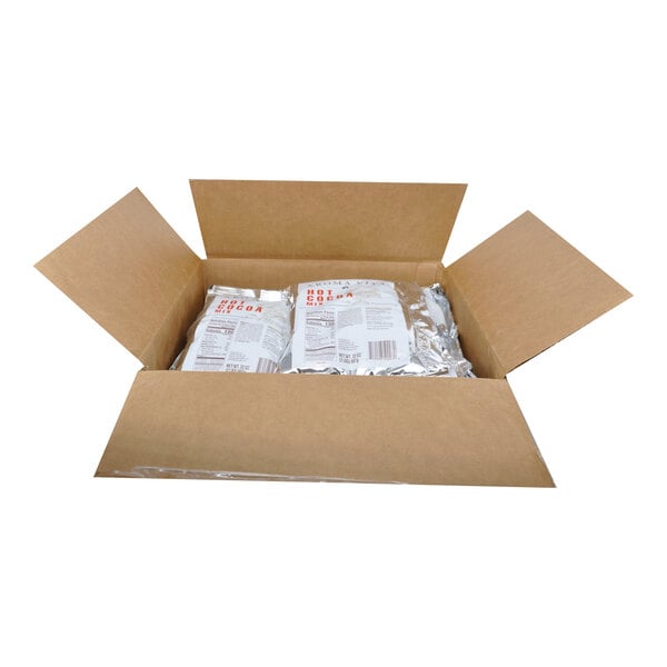 A white box of 2 lb. Gourmet Hot Cocoa Mix with packages inside.