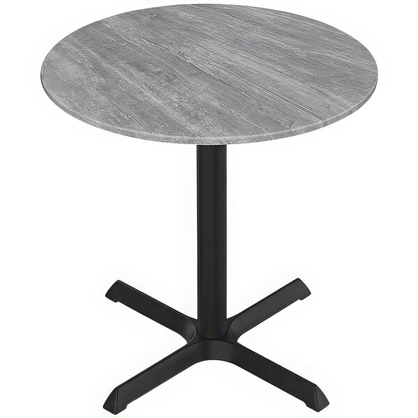 A Holland Bar Stool EuroSlim round table in greystone with a black cross base.