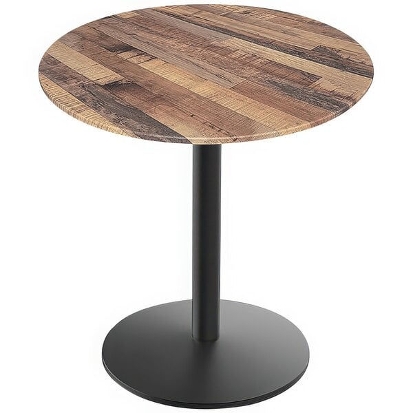 A Holland Bar Stool EuroSlim round wooden table with a black base.