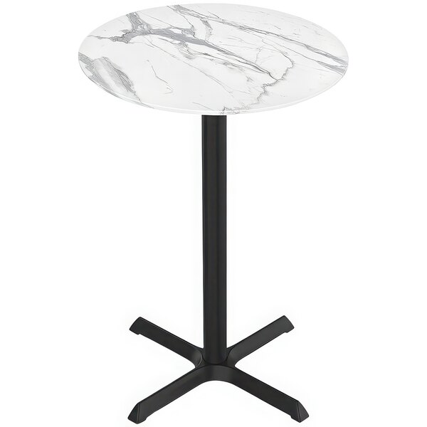A white marble Holland Bar Stool EuroSlim bar height table with a black cross base.