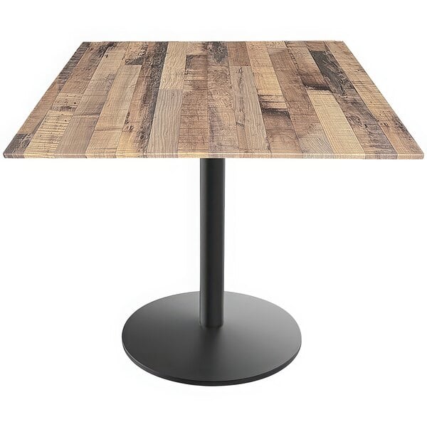 A square Holland Bar Stool table with a wood top and black base.